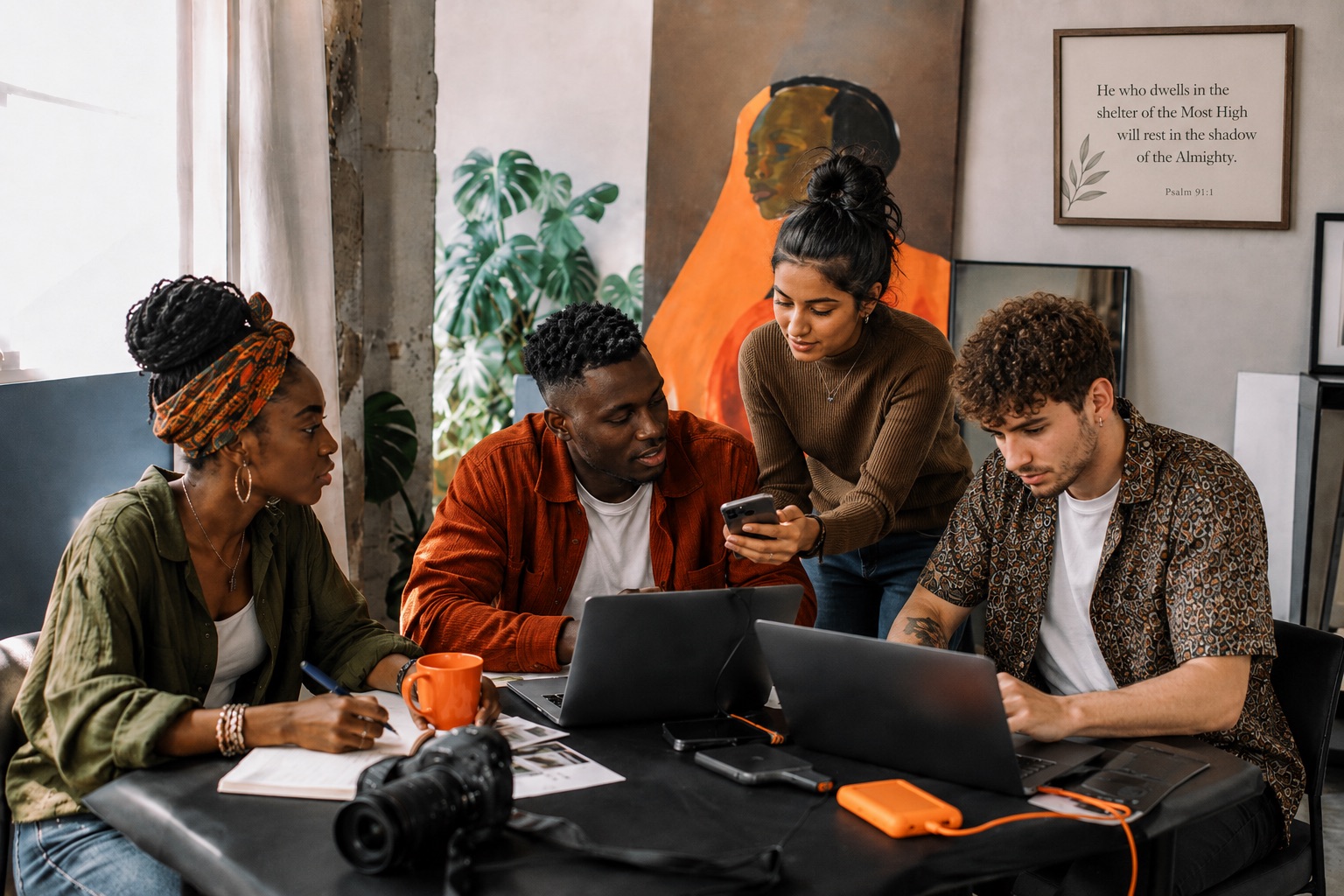 A diverse group of collaborators working around laptops, notebooks, and a camera.